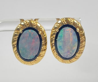Vintage 14k Yellow Gold Onyx & Opal Doublet Earrings