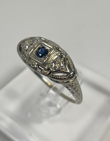 Art Deco 18k White Gold Diamond & Sapphire Ring size 9.5