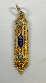 Vintage 14k Yellow Gold Enamel & Turquoise Mezuzah Pendant