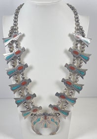 Native American Inlaid Turquoise & Coral Squash Blossom Necklace