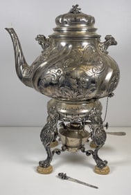 c1910 Austrian Repousse Silver Tea Kettle on Stand