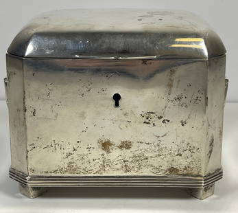 c1900 Vienna Austrian 800 Silver Tea Caddy: Caddy measures 4.5 inches high, 5.5 inches wide, 4 inches deep. Mark of Diana on the bottom, maker FV. Overall good condition. Total weight 17.5 ozt (546 grams)