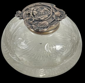 Art Nouveau Stevens & Williams Intaglio Cut Inkwell Sterling Top