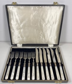 English 12 pcs Sterling Silver & MOP Dessert Set
