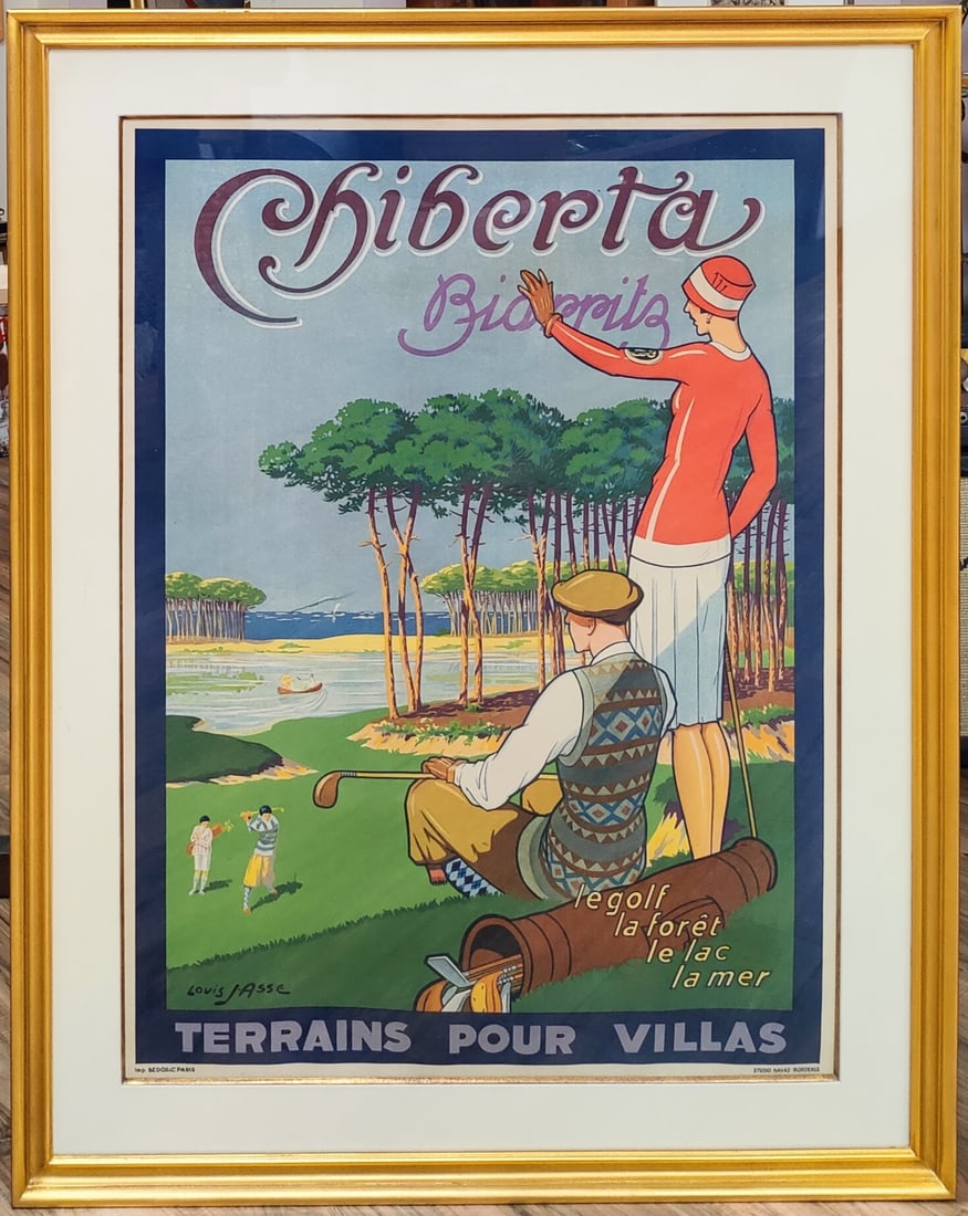 After Louis Asse Biarritz Chiberta French Golf Poster: Louis J. Asse, Terrains Pour Villas, Biarritz le golf, la foret, le lac, la mer, Chiberta Golf Poster, c. 1940s. Poster is signed in the printers plate and published noted Imp. Bedosic, Paris, Studio 