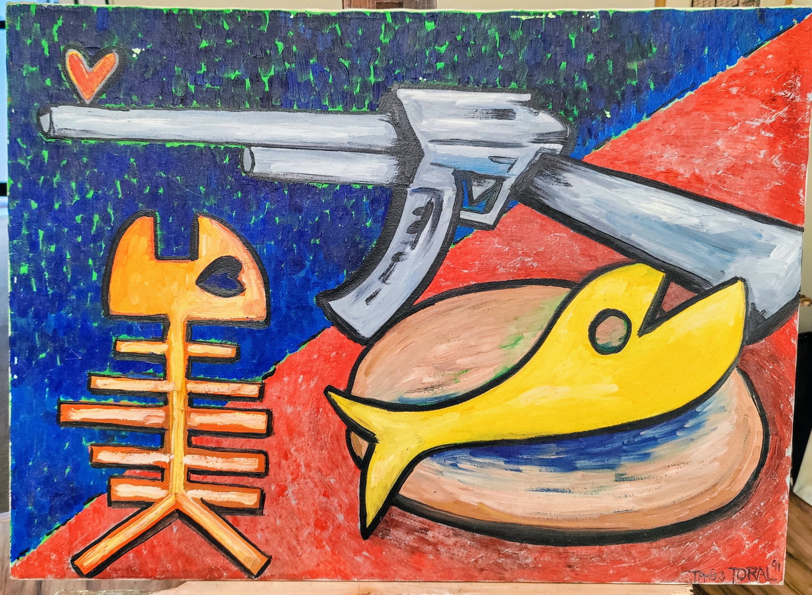 Tabo Toral Contemporary Still Life Machine Gun & Fish: Tabo Toral (Panama, b. 1950 - ) O/C contemporary street art style painting in good condition and not framed. Signed lower right and dated 91.
