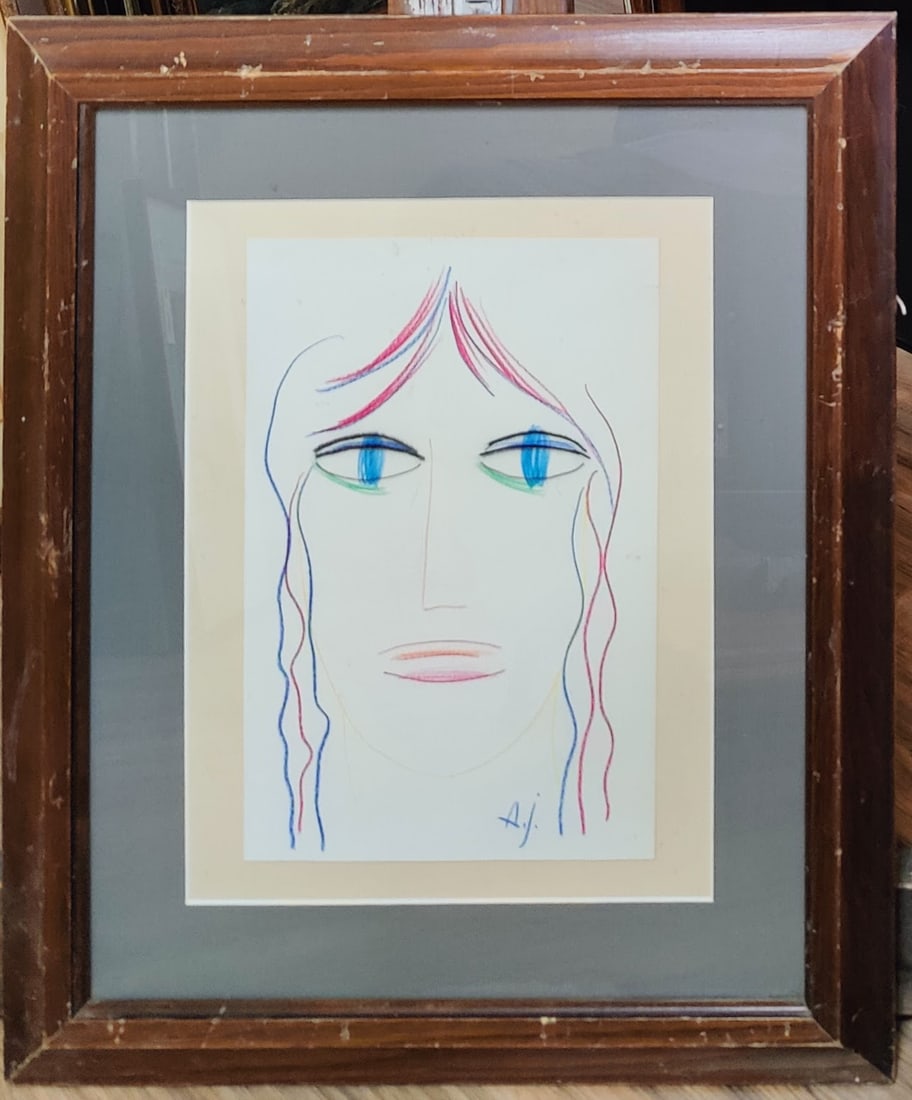 Alexei Jawlensky Color Crayon Drawing Abstract Woman: Alexei von Jawlensky (Russian Federation, Germany, 1864 - 1941) colorful crayon drawing of a Beautiful Woman's Face with Her Eyes Wide Open. Very good condition and float mounted on a tan board. Signe