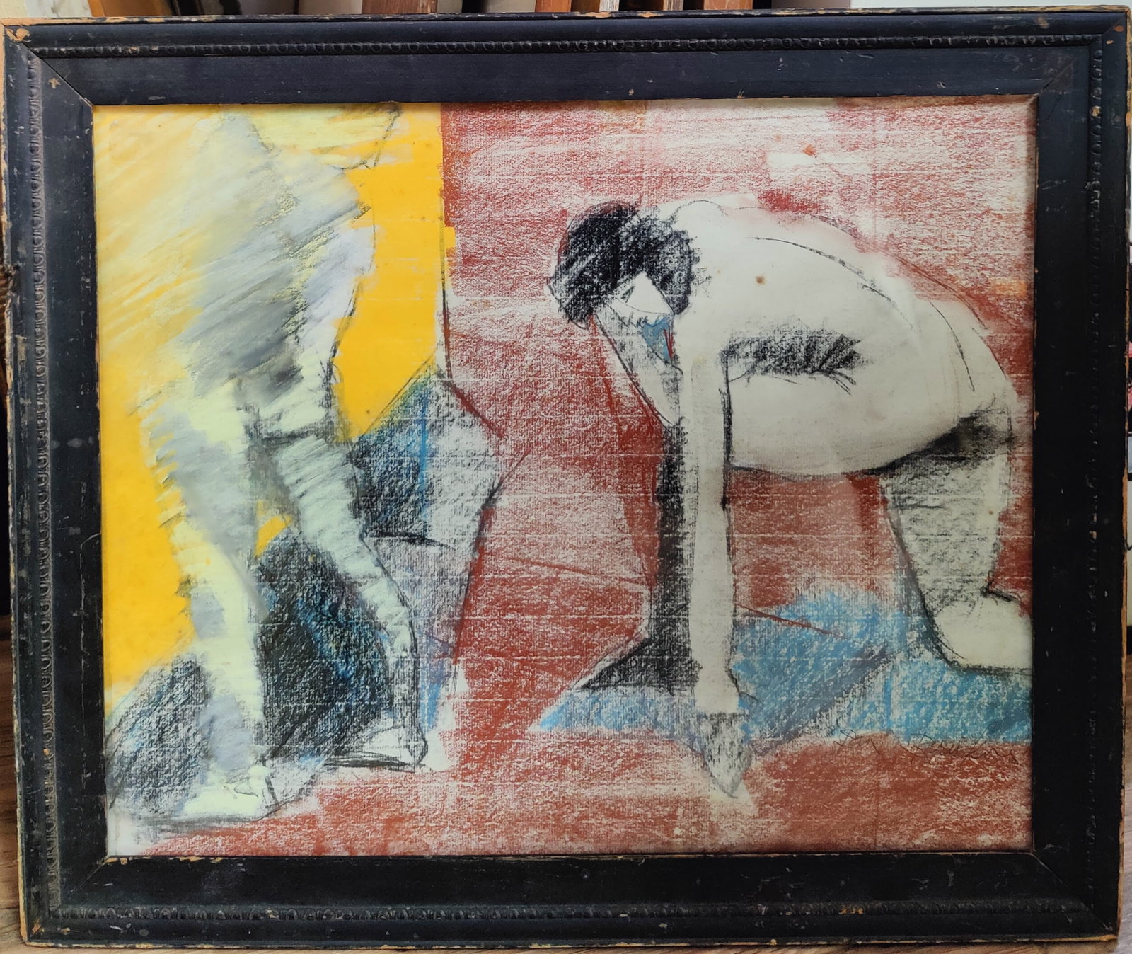 Illegibly Signed Pastel Illustration Study Nude Female: A colorful pastel study on laid paper, c. 1950s with a pastel B&W drawing on the verso. Good condition, with some spot foxing on the paper. Signed lower right. 21.5" x 17.5" sight.