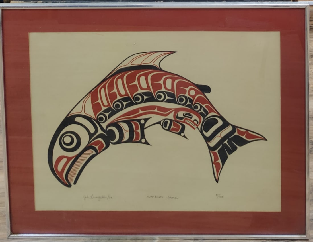 John E. Livingston L/E Lithograph KWA-GIULTH Salmon: John E. Livingston (Canada, b. 1951 - ) lithograph in good condition, with toning visible under the glass. Pencil signed, dated 74, titled "KWA-GIULTH" Salmon, and numbered 71/155. 22.5" x 16.5" sight