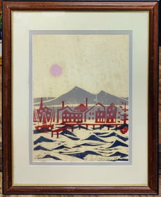 R. Williams Signed L/E Woodblock Inuit Harbor Village