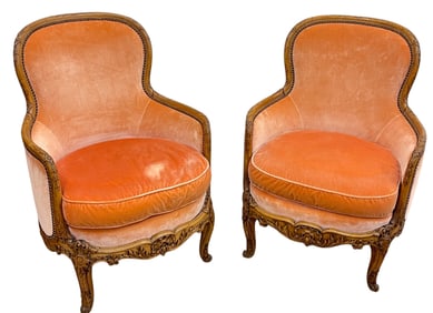Early 19th Century Pair Louis XV Bergere Upholstered Chairs