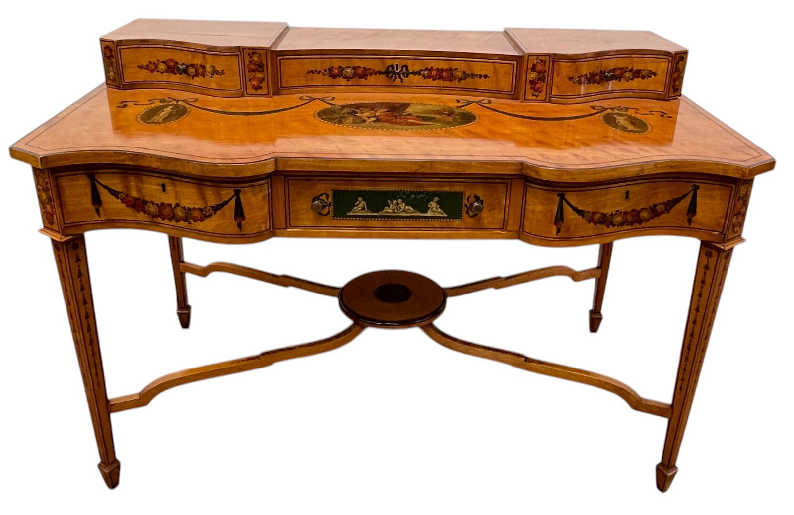 c1910 Adam Style Paint Decorated Satin Wood Desk: Three over three drawers. Overall good condition, the top has a split to the wood, some finish chipping, please see photos. Measures 34.5 inches high, 50 inches wide, 26 inches deep.