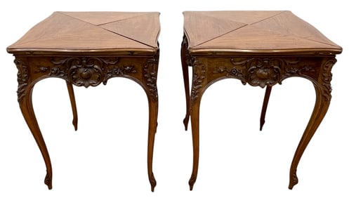 Pair of Walnut Carved Hankerchief Flip Top Game Tables