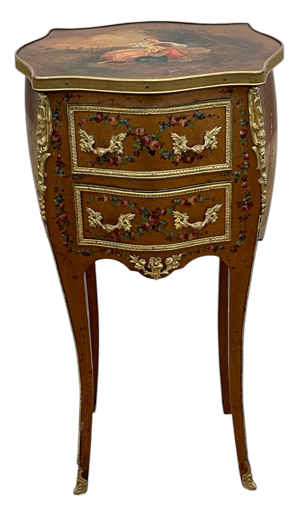 19th Century Vernis Martin Bronze Mounted Two Drawer Stand: Painted decoration, gilt bronze mounts. Overall good condition, slight paint flaking. Measures 30 inches high, 16 inches wide, 12.5 inches deep.