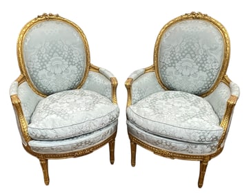 Pair Louis XVI Carved Gilt Wood Silk Upholstered Bergere Chairs