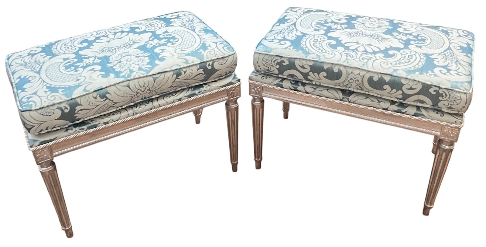 Pair Louis XVI Silver Gilt Damask Benches: Aqua damask upholstry, overall good condition. Measures 19 inches high, 25 inches wide, 14 inches deep.