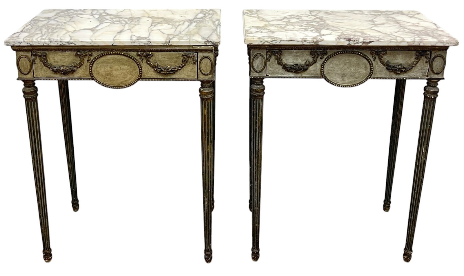 Pair George III Parcel Gilt & Paint Decorated Side Tables: Original marble tops and paint decoration. Measure 28 inches high, 22 inches wide, 14 inches deep. Overall good condition.