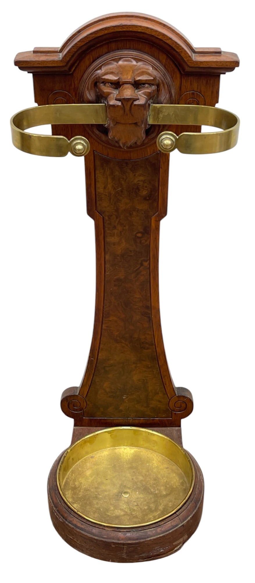 Victorian Umbrella Stand with Carved Lion Head: Victorian walnut stand with carved lion head, original brass tray. Overall good condition, see photos. Measures 35.5 inches high, 14 inches wide, 14 inches deep.