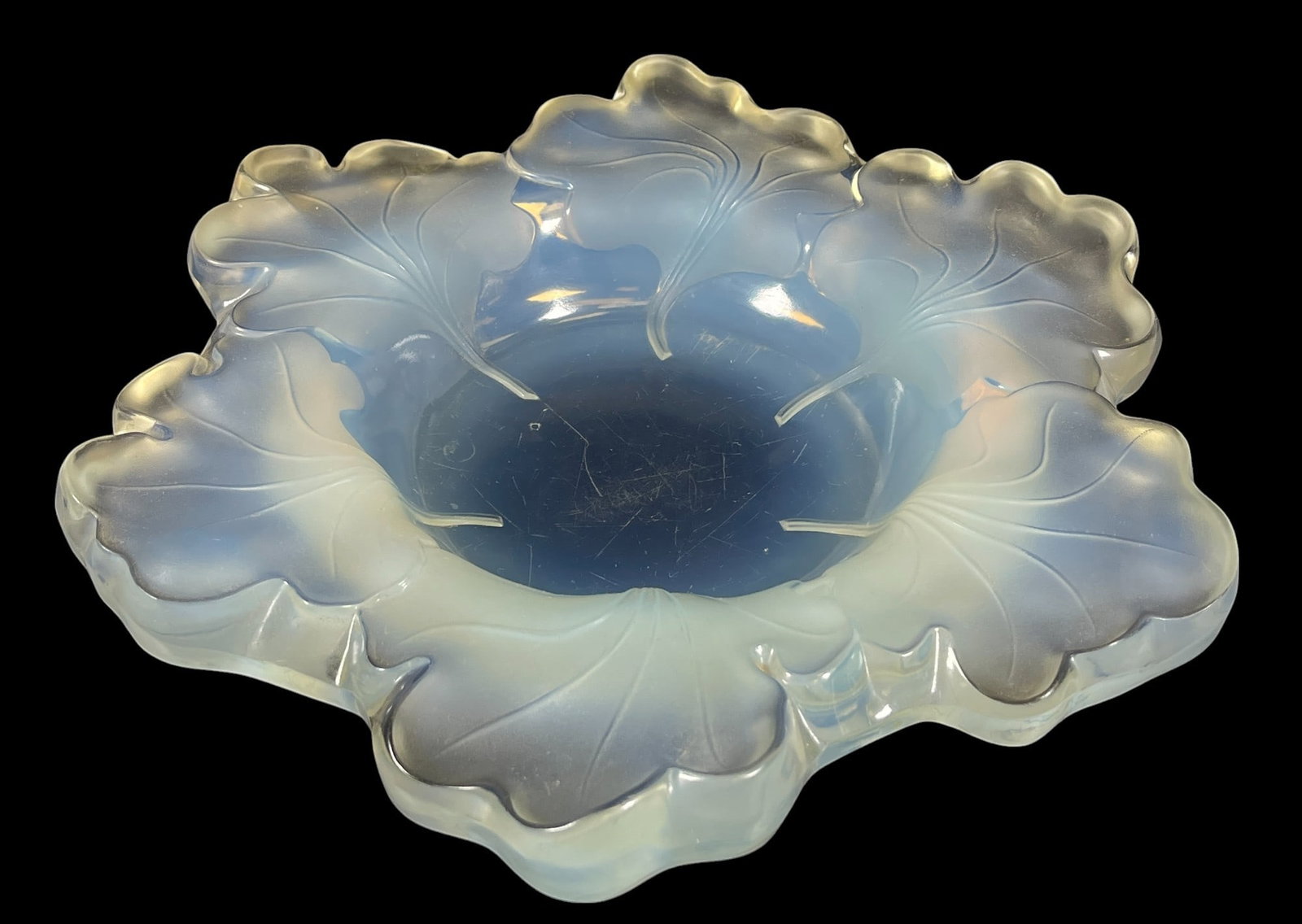 Vintage Lalique Opalescent Capucines Nasturtia Center Bowl: Large Lalique Center Piece Bowl Capucines ( Nasturtia) Current MSRP $2950. It was designed by Marc Lalique in 1947. It measures 12 inches wide. No chips or cracks, some scratches to the underside base