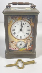 c1870 French Brass & Courtship Scene Enamel Carraige Clock
