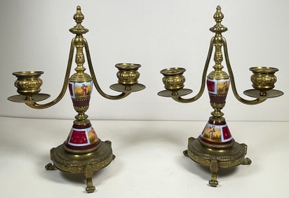 Pair French Bronze & Enamel Candle Sticks