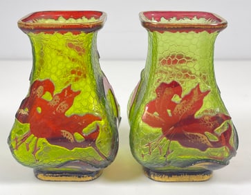 Pair Art Nouveau Baccarat Crackle Cameo Art Glass Vases