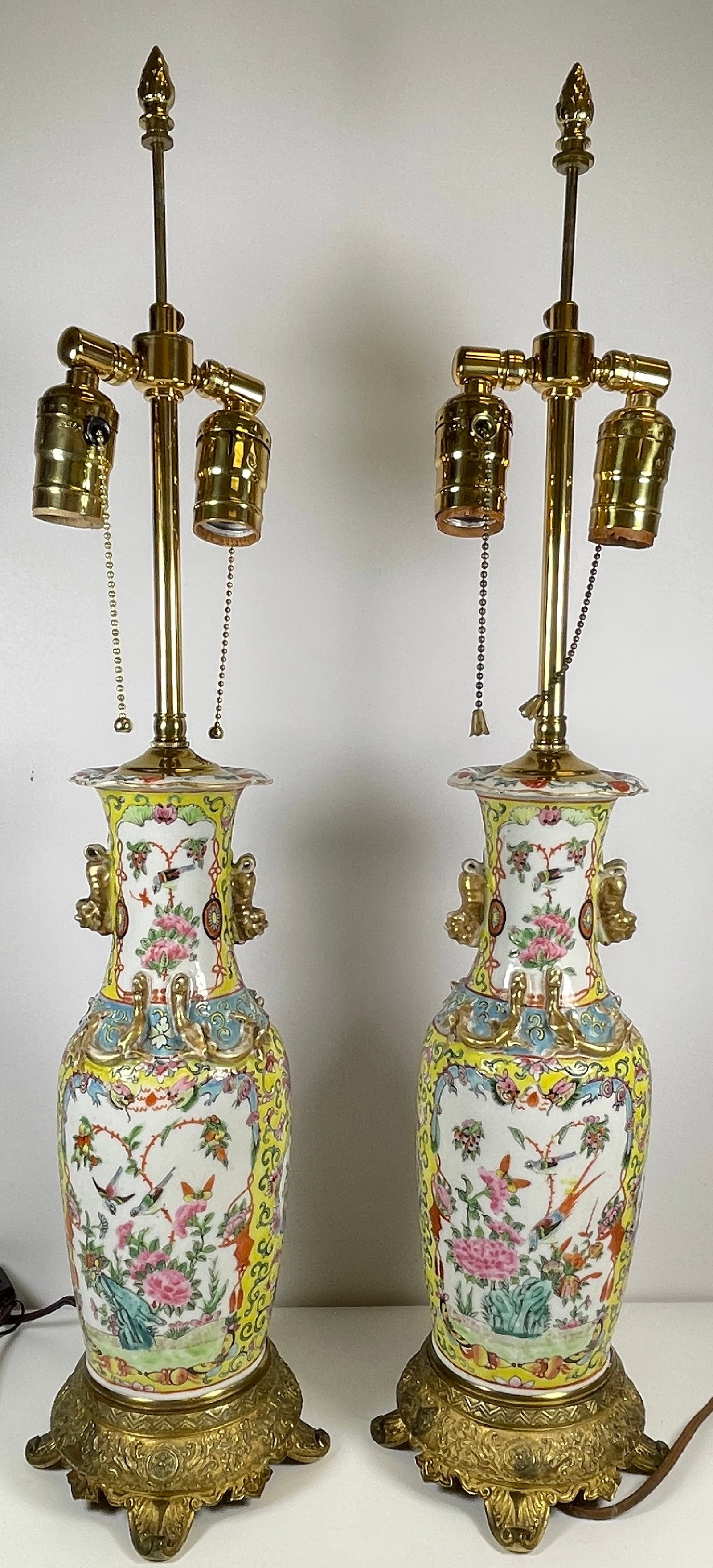 Pair 19C Chinese Yellow Rose Medallion Vase Mounted as Lamps: Bronze mounted at base. Measure to the top of the finial 26 inches high, 6 inches wide across the base. Overall good condition.