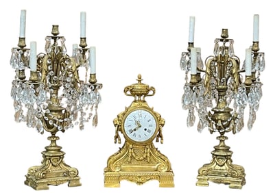 19C Louis XVI French 3 Piece Dore Bronze & Crystal Clock Set