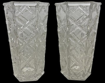 Pair Signed Tiffany & Co Bamboo Crystal Vases