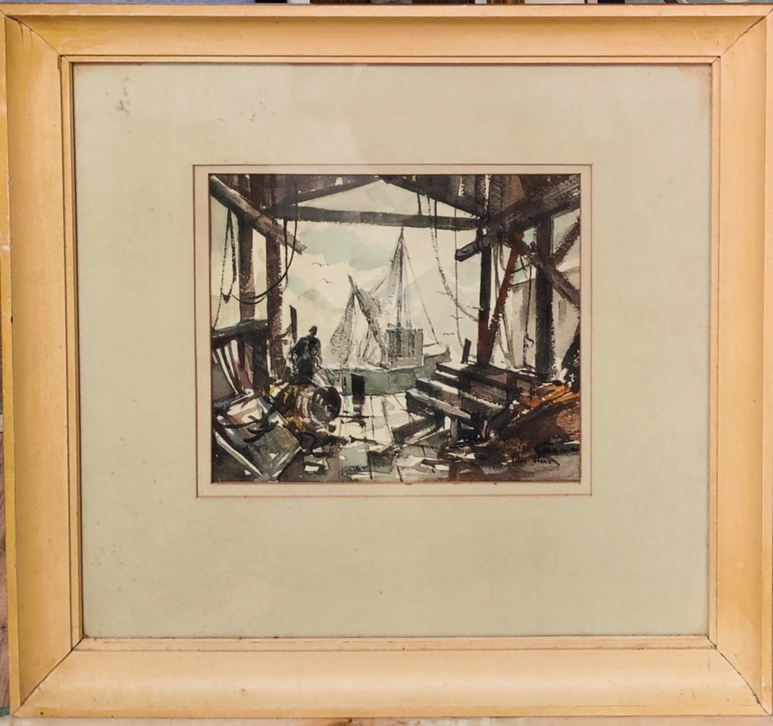 John Hare W/C New England Shipyard Workshop: John Cuthbert Hare (Massachusetts, Florida, 1908 - 1978) W/C of a New England Shipyard Workshop c. 1950s. Excellent condition under glass and period framed. Frame needs a cleaning. Signed John Hare lo