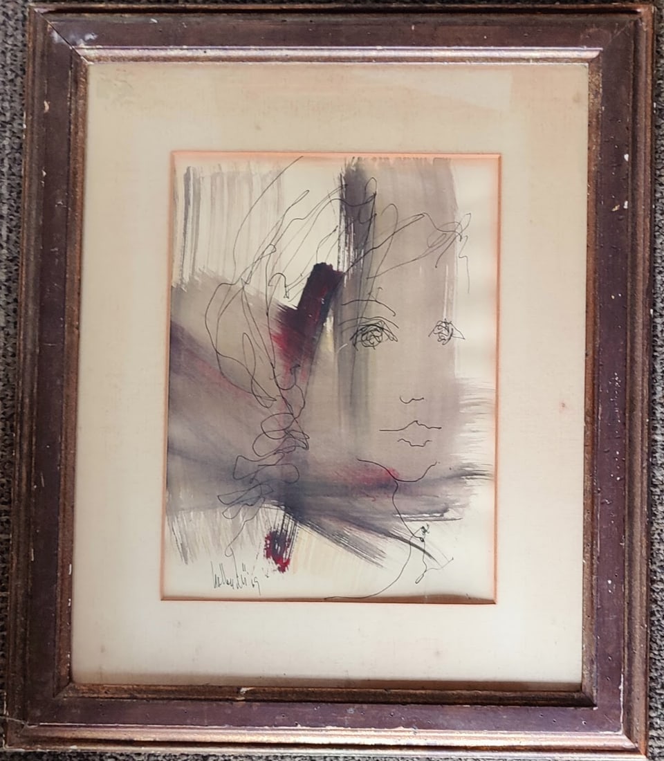 Gino F. Hollander W/C & Ink Abstract Girl Figural: Gino F. Hollander (California, Colorado, Spain, 1924 - 2015) W/C and ink drawing on paper of an abstract girl in profile. Good condition, with toning noticeable under the glass. Signed and dated '69 l