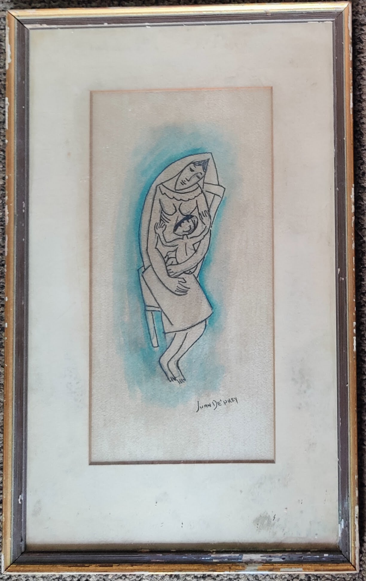 Juan DePrey W/C and Ink Mother and Child: Juan DePrey (New York, Puerto Rico, 1904 - 1962) W/C ink drawing depicting a Mother and her Child. Good condition, with toning, foxing and minor staining visible under the glass. Signed lower right. 5
