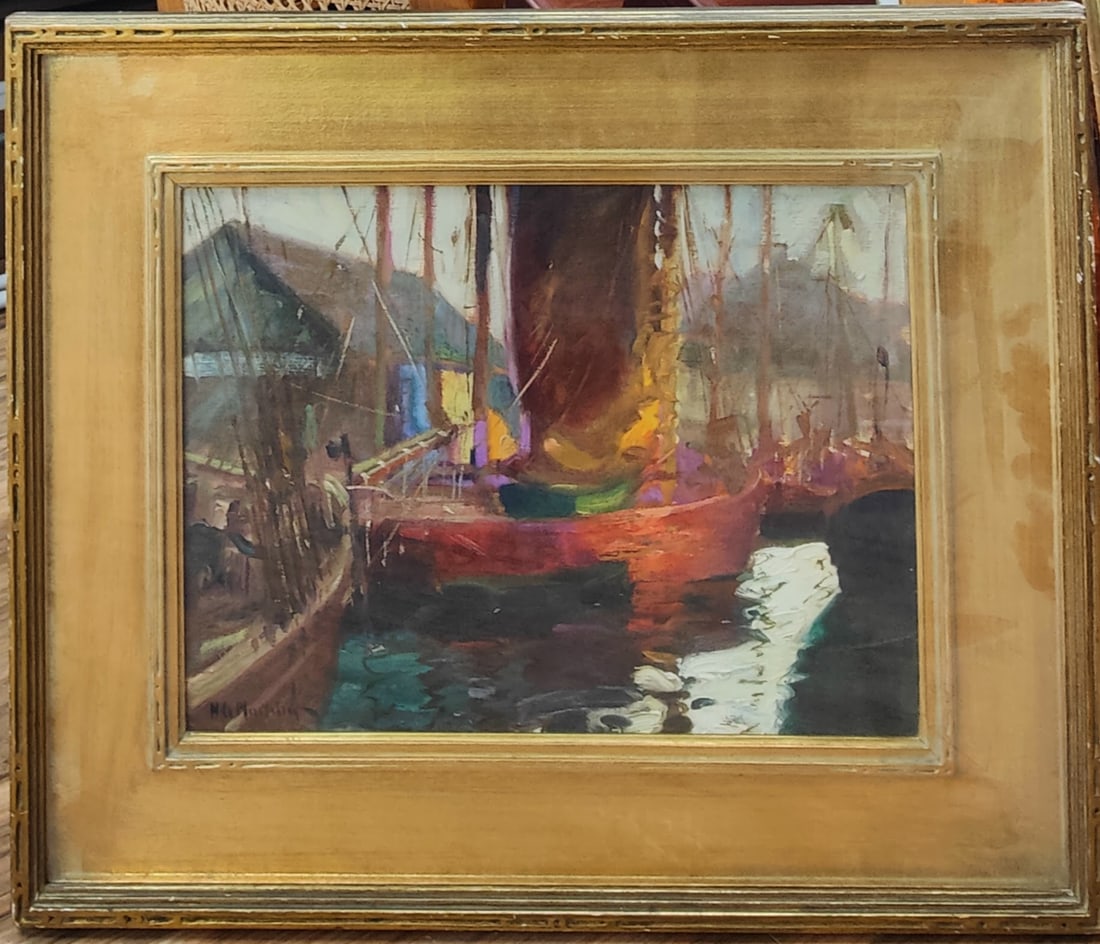 Harry C. Murphy O/B Impressionist New England Harbor: Henry Cruse Murphy (Connecticut, 1886 - 1931) O/B in excellent condition and beautifully framed in a decorated gilt frame. The painting is glazed over the frame, giving the work a 3D feel. A beautiful