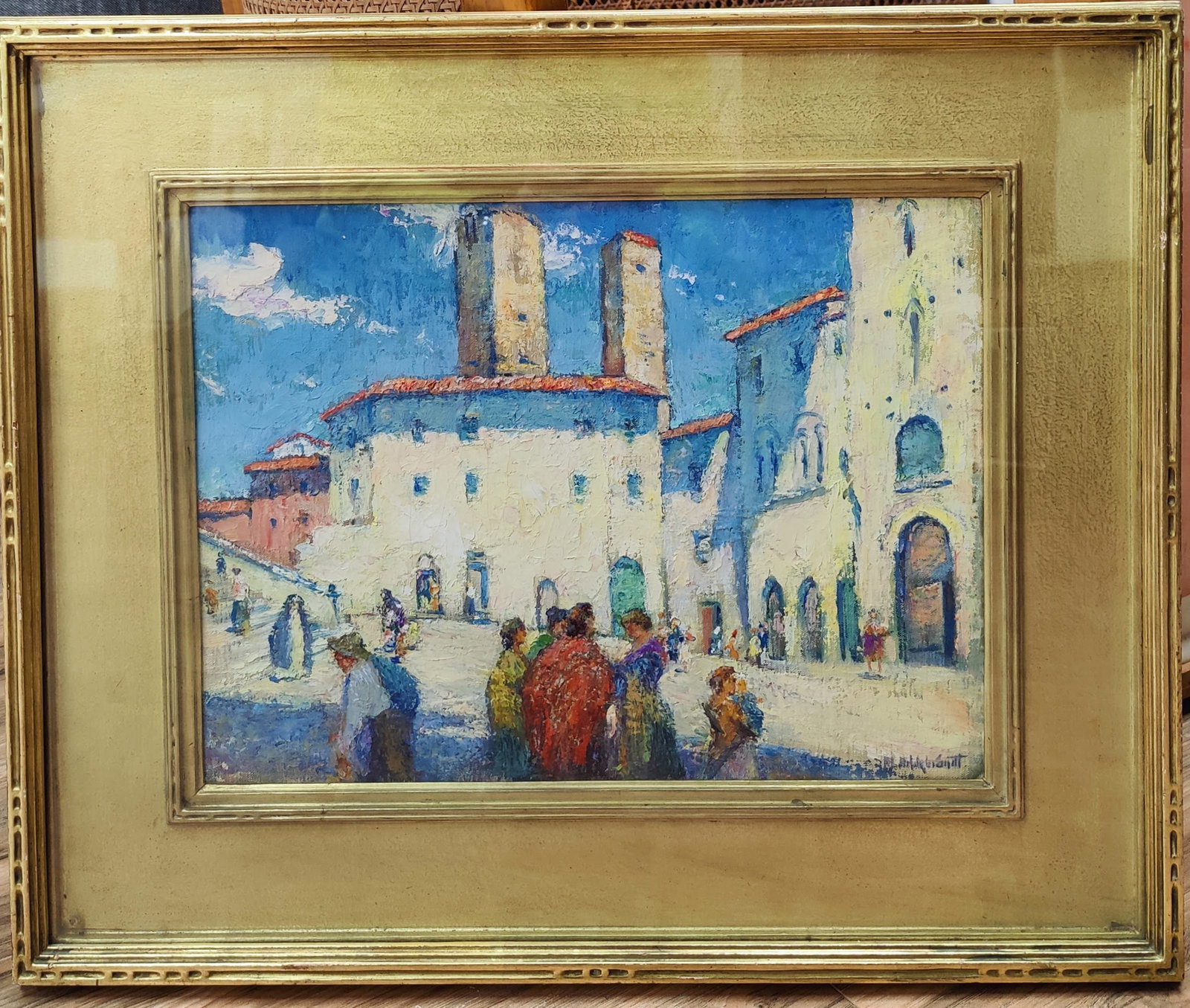 Howard Hildebrandt O/B of San Gimignano Square: Howard Logan Hildebrandt (Connecticut, New York, 1872 - 1958) O/B in excellent condition and beautifully framed in a decorated gilt frame. The painting is glazed over the frame, giving the work a 3D f