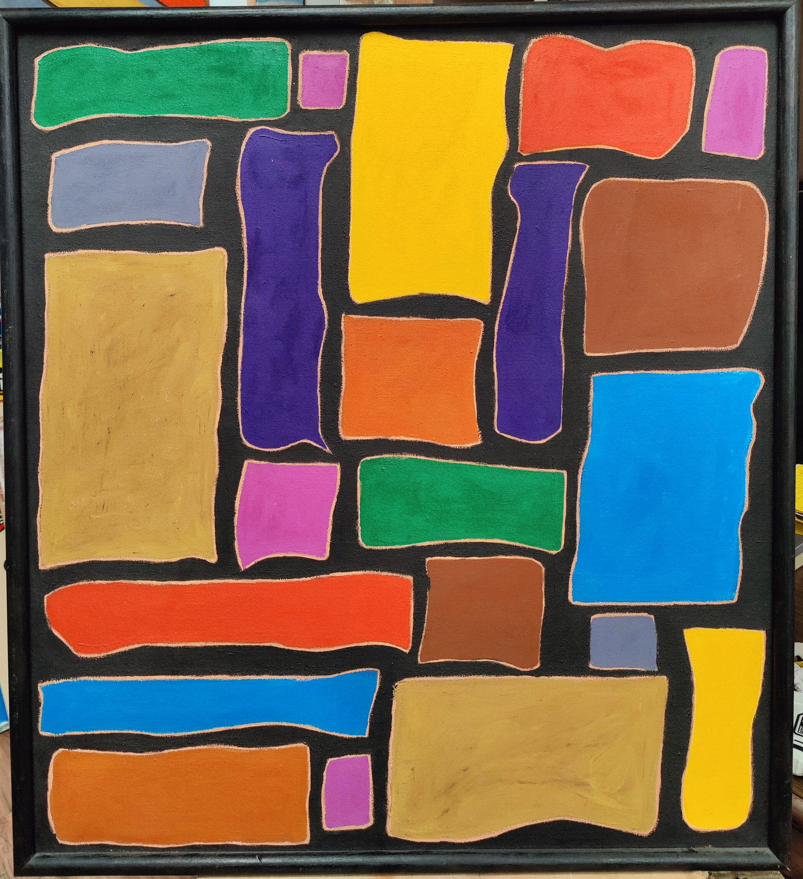 Ron Asche O/C Outsider Art Colorful Abstract Shapes: Ron Asche (New York, 20th/21st c.) outsider artist O/C painting of colorful abstract asymmetrical squares and rectangles. Excellent condition and framed in a simple black edged frame. Signed and dated