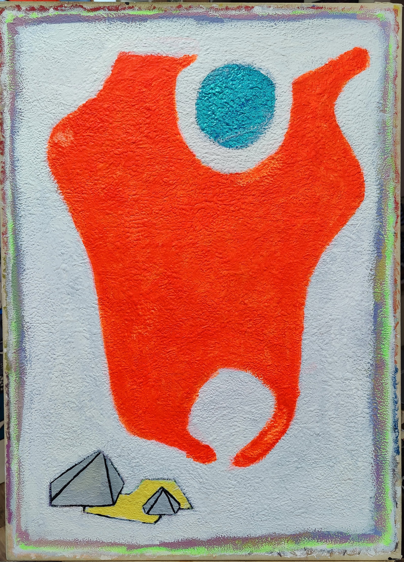 Ron Asche O/C Outsider Art Colorful Abstract Figural: Ron Asche (New York, 20th/21st c.) outsider artist O/C painting of an abstract figure, with a dancing orange body and pyramid shapes lower left. Excellent condition and unframed. Work is unsigned, but