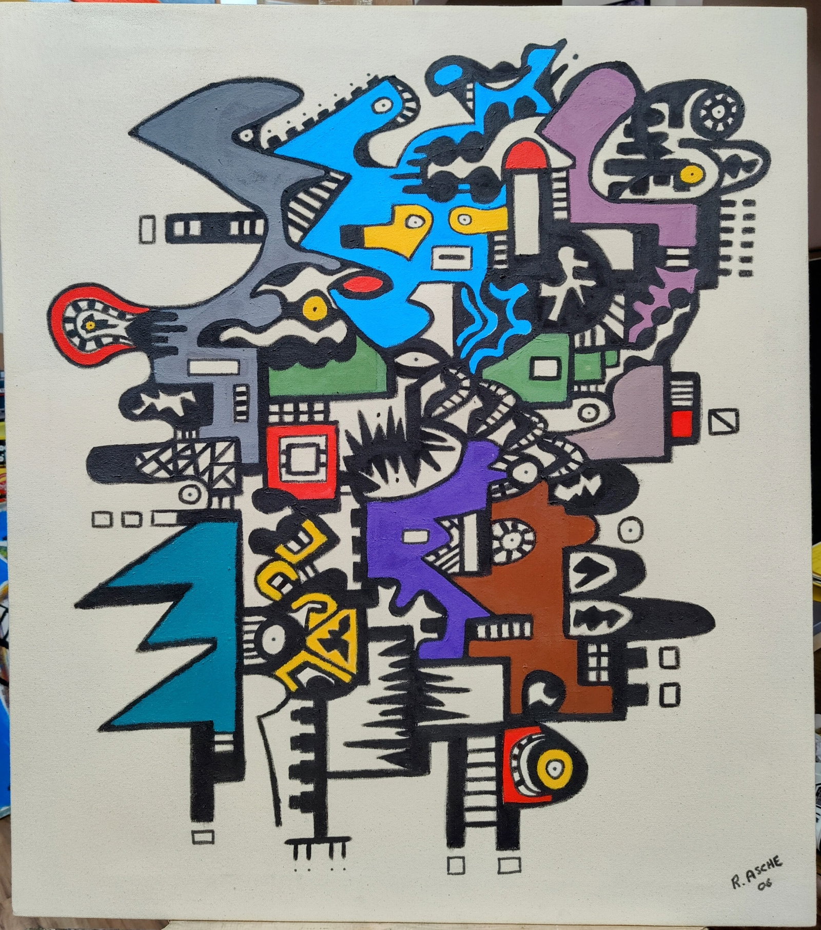 Ron Asche O/C Outsider Art Abstract Figures & Shapes: Ron Asche (New York, 20th/21st c.) outsider artist O/C colorful painting of abstract figures and shapes in the Style of Street Artist Keith Haring. Excellent condition and unframed. Signed and dated 0