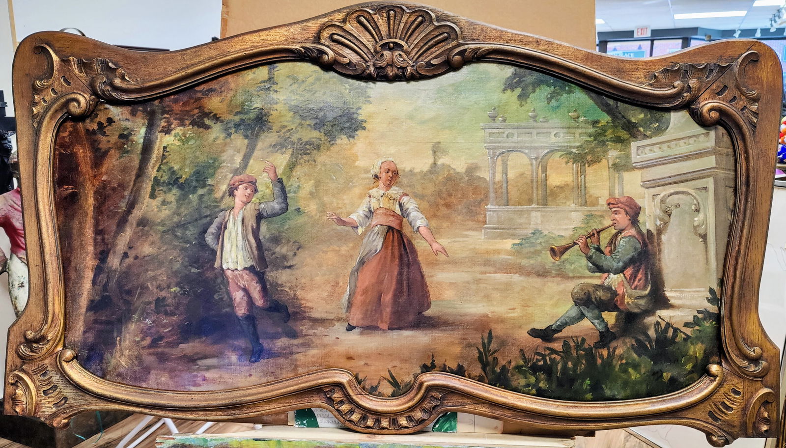 Continental School O/C Serenading Minstrel & Dancers: A 19th c. O/C painting illegibly signed lower right. Very good condition, with one area of paint repair in the upper right. Framed in a period arched style gilt and carved frame.