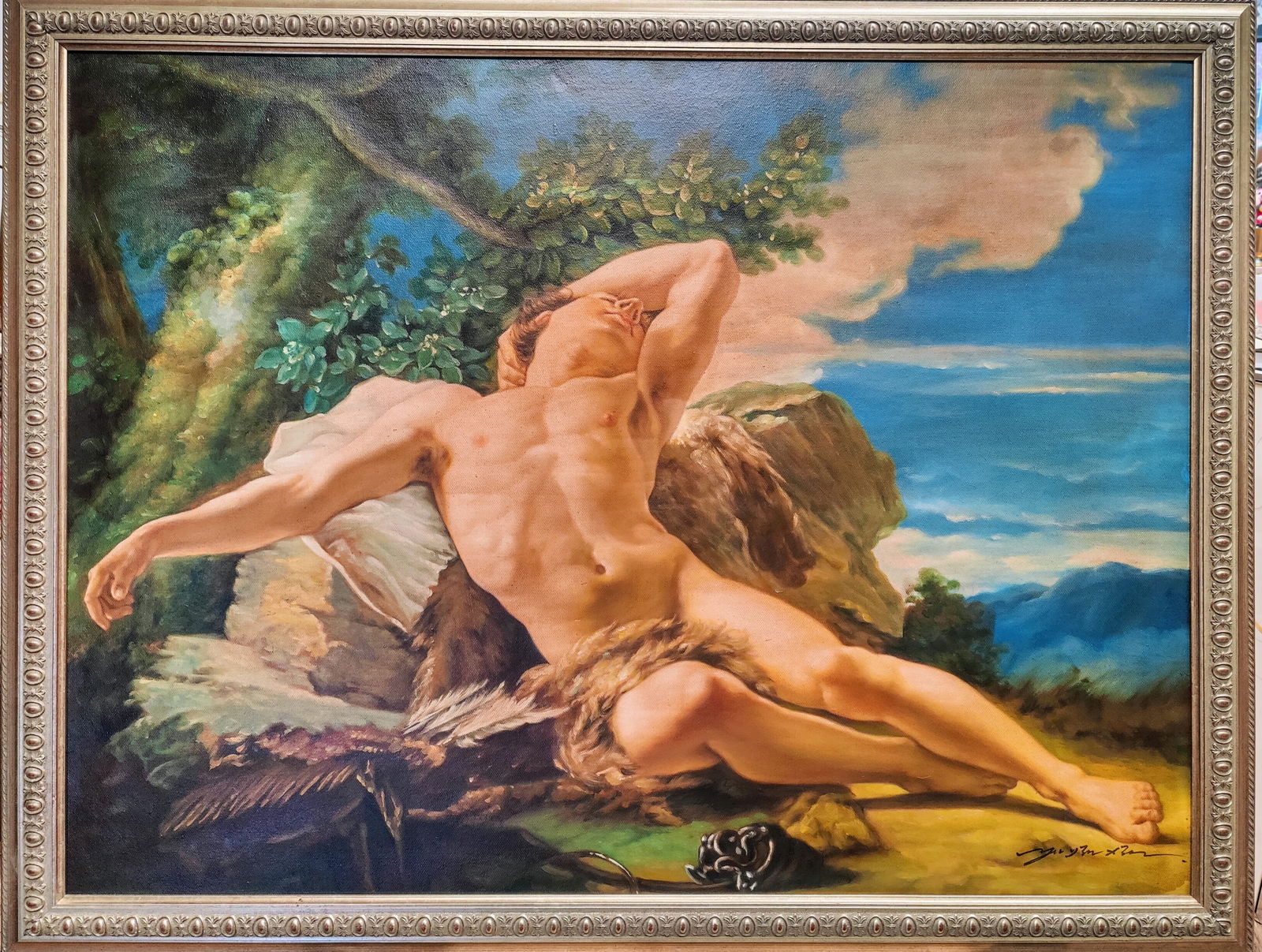 Illegibly Signed O/C Male Greco Roman Nude Reclining: Painting is in very good condition and framed in a modern decorated gilt frame. This vintage painting depicts a Greco Roman Nude reclining on a rock in a landscape. Signed lower right. 39.5" x 29.5" s