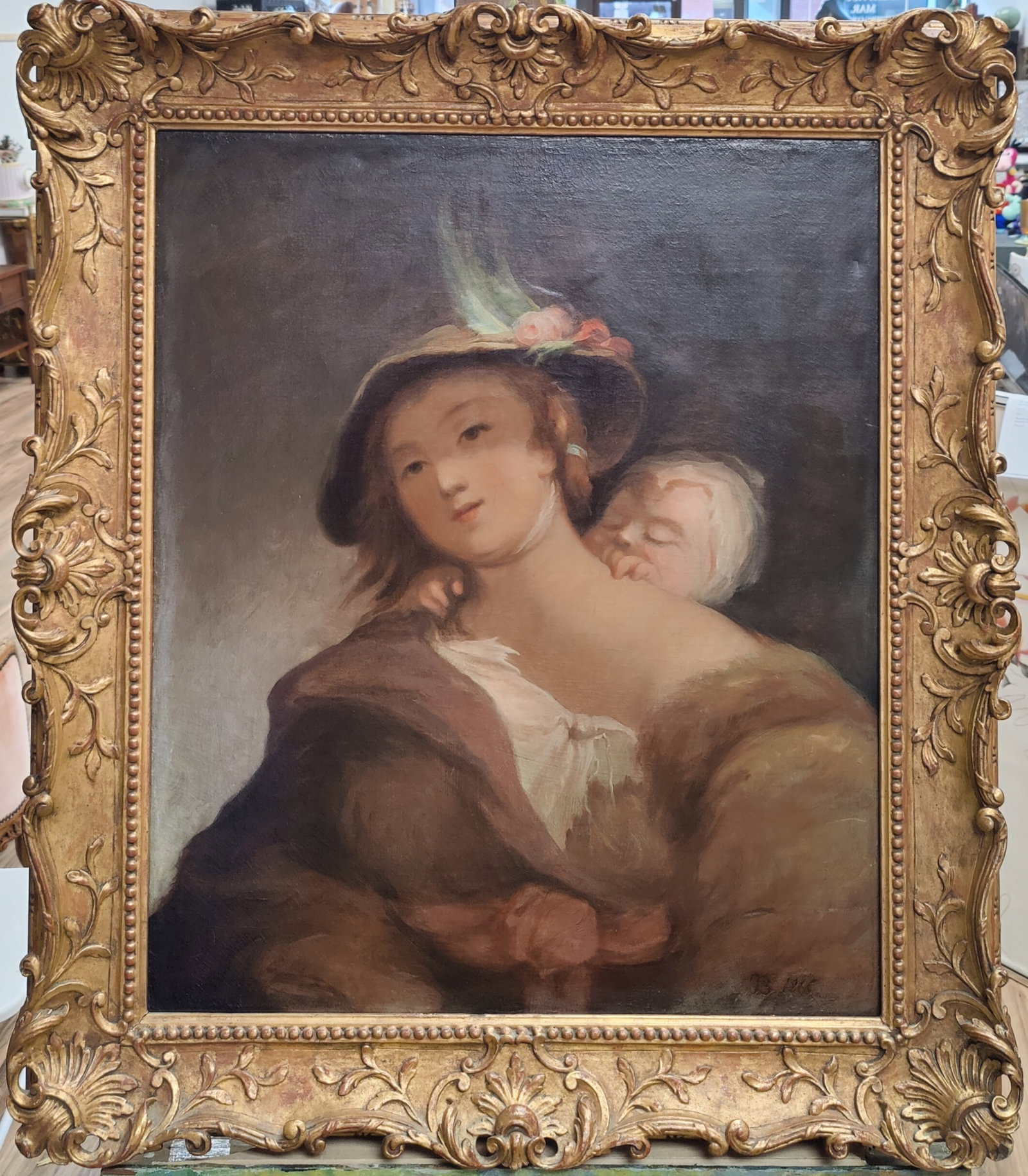 Initial Signed O/C Titled Gipsy and Child 1865: Painting has been re-lined and in very good condition. Initial signed F S 1865 lower right. Noted and titled on the verso, also with the name Carpenter. Beautifully framed in a ornately decorated gilt