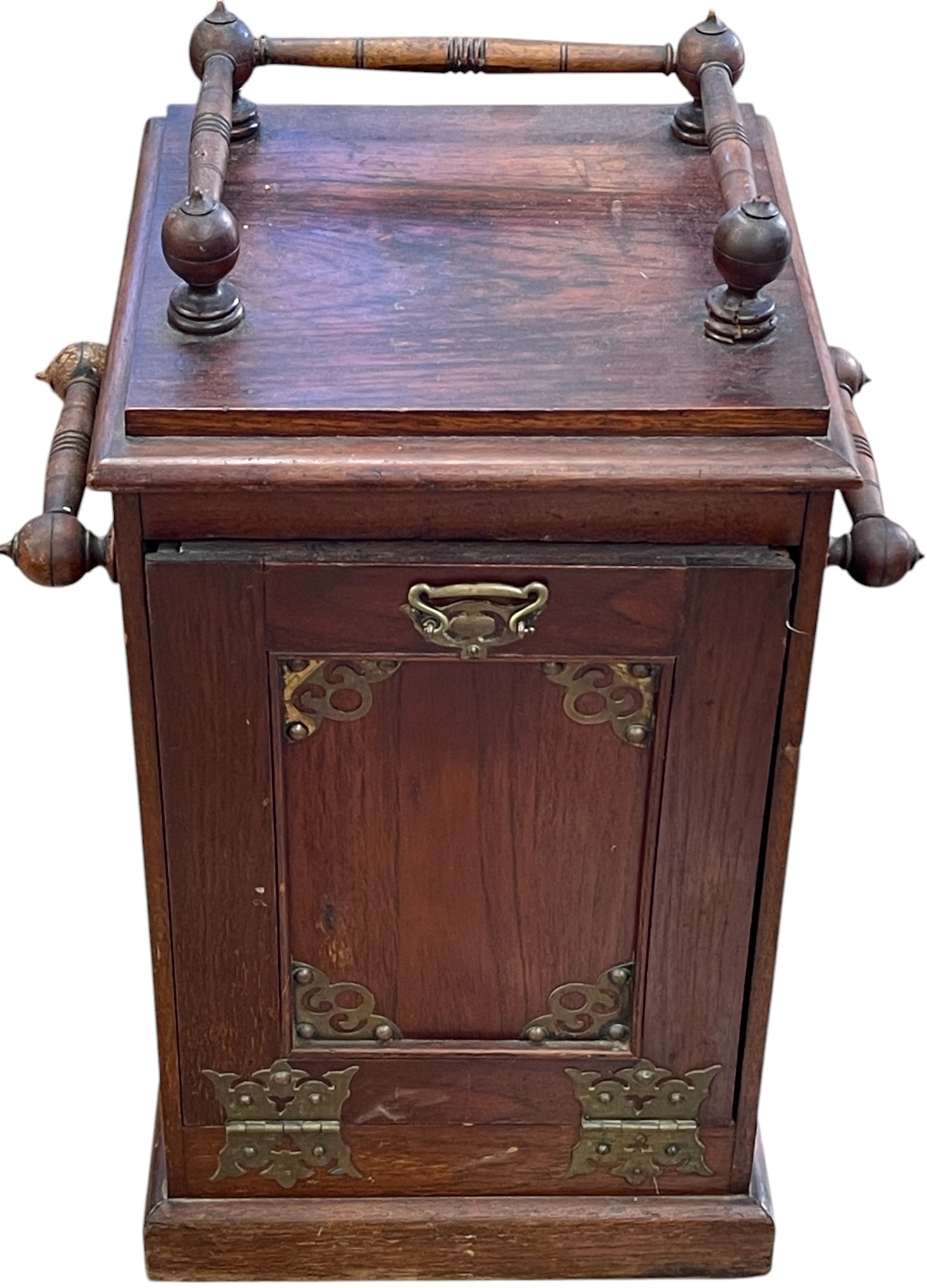 Victorian Brass Mounted Walnut Coal Scuttle: Overall fair condition, some finish issues. Please see photos. Measures 23 inches high, 16 inches wide, 13 inches deep.