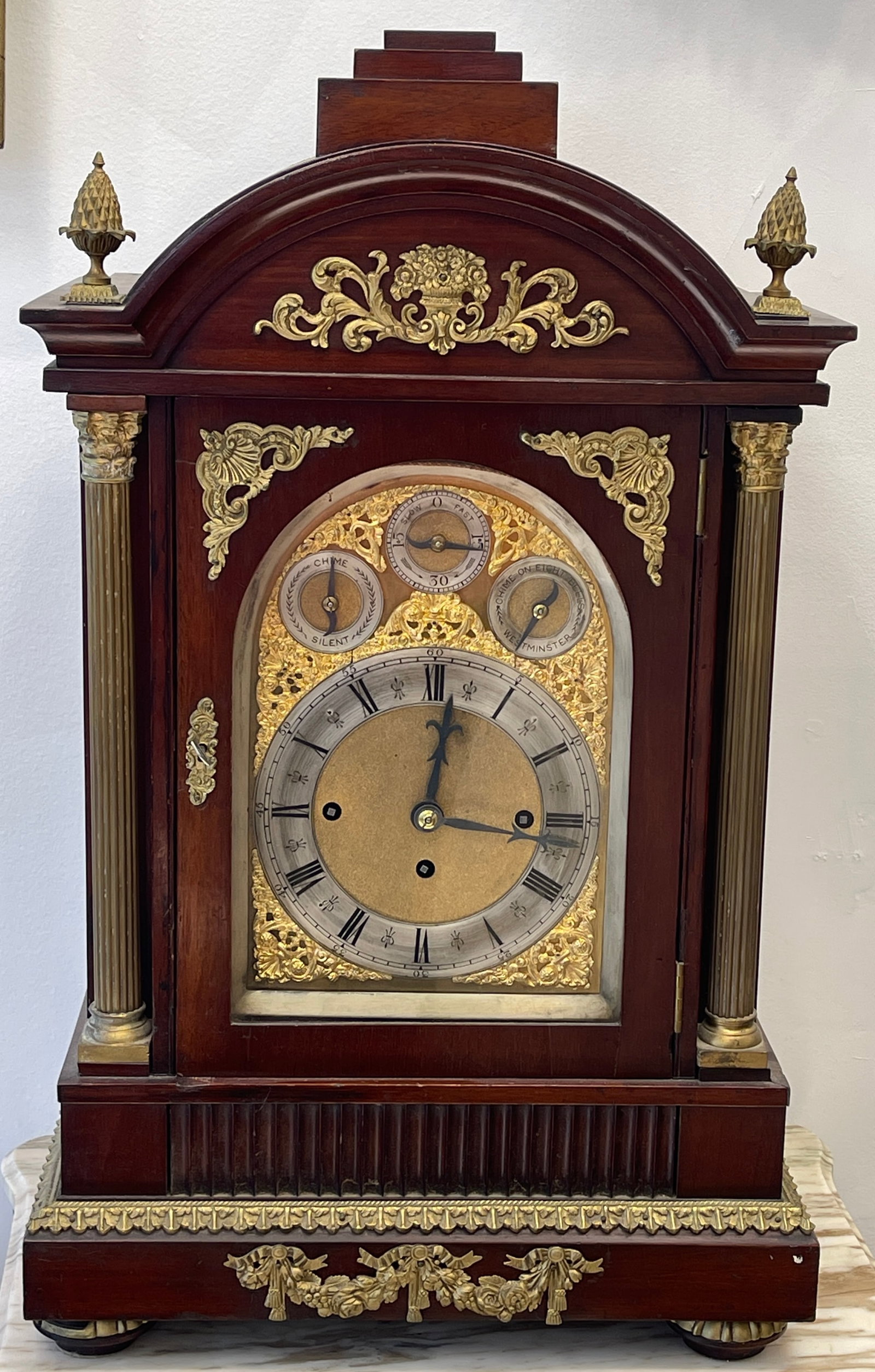 19C Bronze Mounted Bracket Clock Westminster Chime Double Fusee Movement: Westminster quarter chime, double fusee French movement, overall very good working condition. Missing top finial. 29 inches high, 16.5 inches wide, 10.5 inches deep.