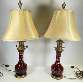 Pair Bohemian Ruby Red Cut to Clear Lamps
