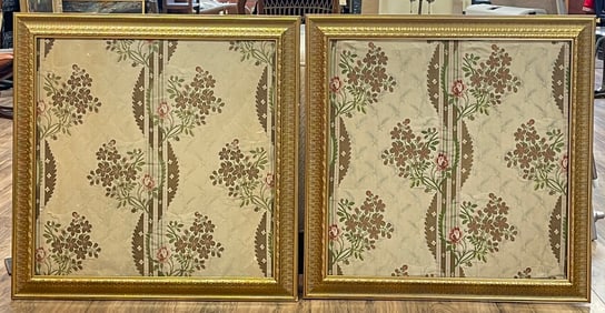 Pr 18th Century Framed Silk Lampas Tapestry Fabric w/ Gold Threads