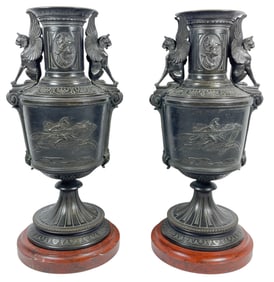 Pair Neoclassical Grecian Patinated Bronze Garnitures