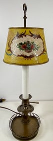 19th Century French Bronze Buillotte Lamp Hand Painted Tole Shade