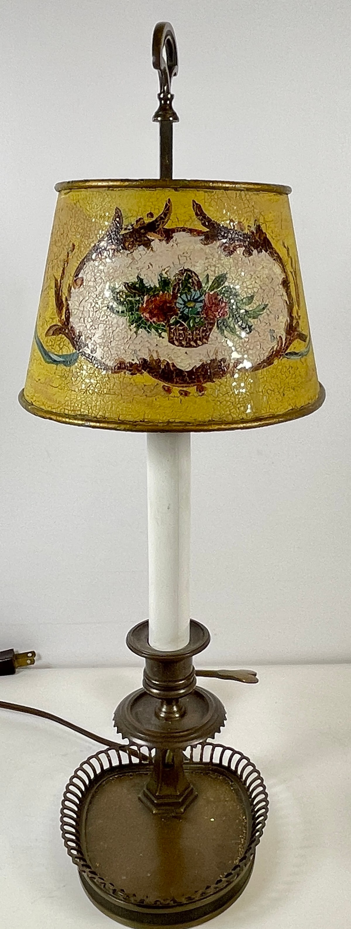 19th Century French Bronze Buillotte Lamp Hand Painted Tole Shade: Overall fair condition, paint is flaking from shade. Measures 18.5 inches to top of finial, 5 inches wide, 9 inches deep.