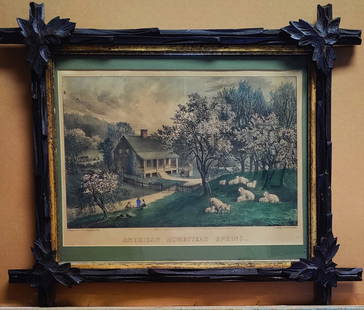Published Currier & Ives Print American Homestead Spring 1869: Publisher Currier & Ives (New York, 1857–1907) 1869 hand colored lithograph titled "AMERICAN HOMESTEAD SPRING.". Notes in the lower border and 152 NASSAU ST. NEW YORK. Good condition, with toning,