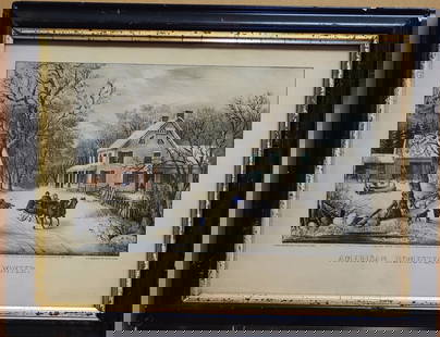 Published Currier & Ives Print American Homestead Winter 1868: Publisher Currier & Ives (New York, 1857–1907) 1868 hand colored lithograph titled "AMERICAN HOMESTEAD WINTER.". Notes in the lower border and 152 NASSAU ST. NEW YORK. Good condition, with toning