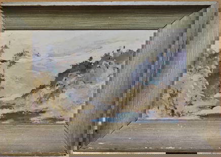 Unsigned O/C Eastern European School Landscape Painting: An impressionist snowy mountain Eastern European landscape. Painting is noted in pencil on the verso. Good condition and period framed. 14.75" x 9" sight.